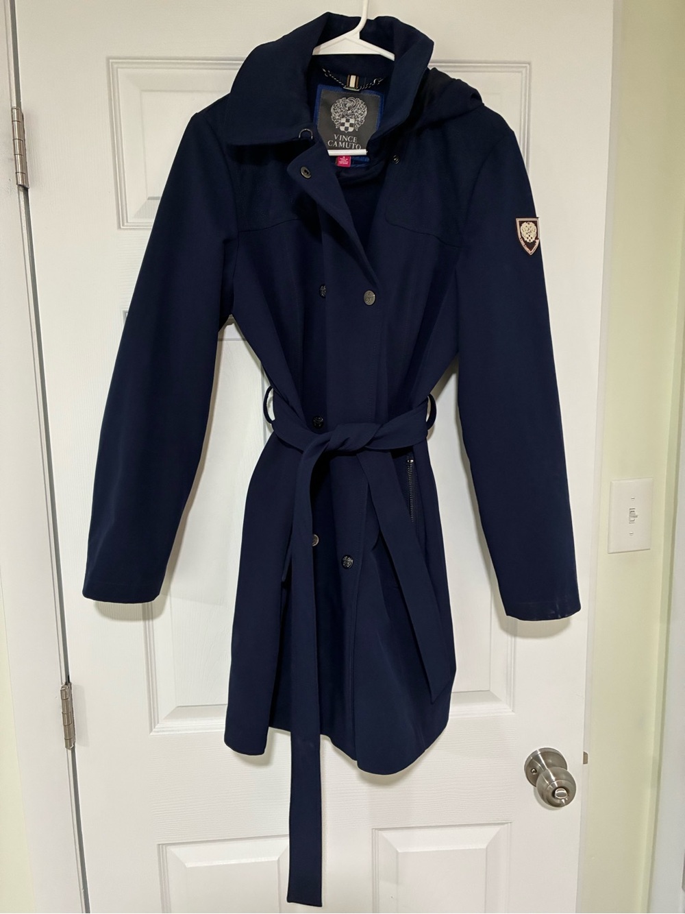 Vince Camuto Navy Hooded Trench Coat with Waist Tie